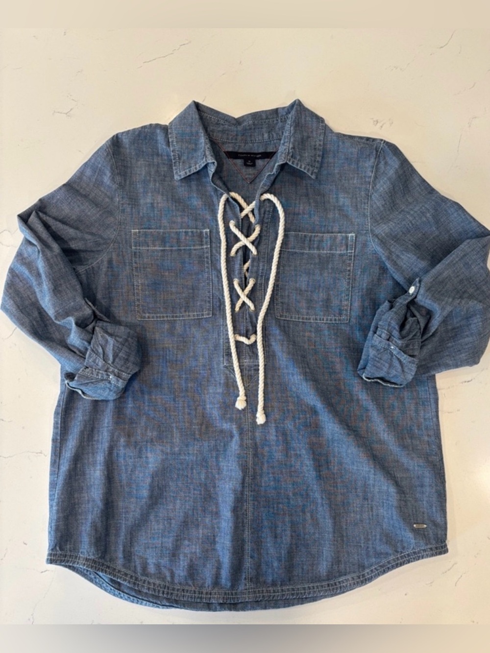 Tommy Hilfiger Denim Nautical Lace-Up Shirt Blue Medium EUC